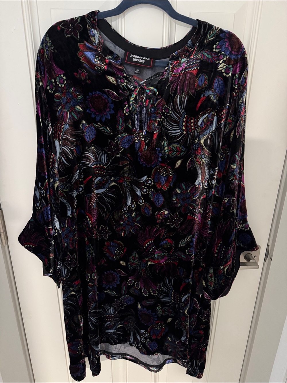 Johnny Was Black Velvet Floral Tie-Front Tunic Dress with Jewel Tones